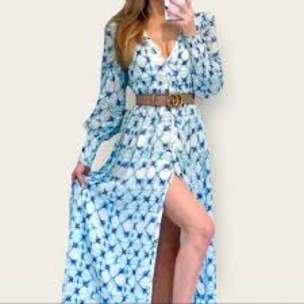 Rococo Sand Bolna Blue Maxi Dress with silver thread EUC M